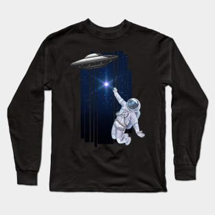 Ufo alien funny cute flying spaceship astronaut moon mars cosmic forest Long Sleeve T-Shirt
